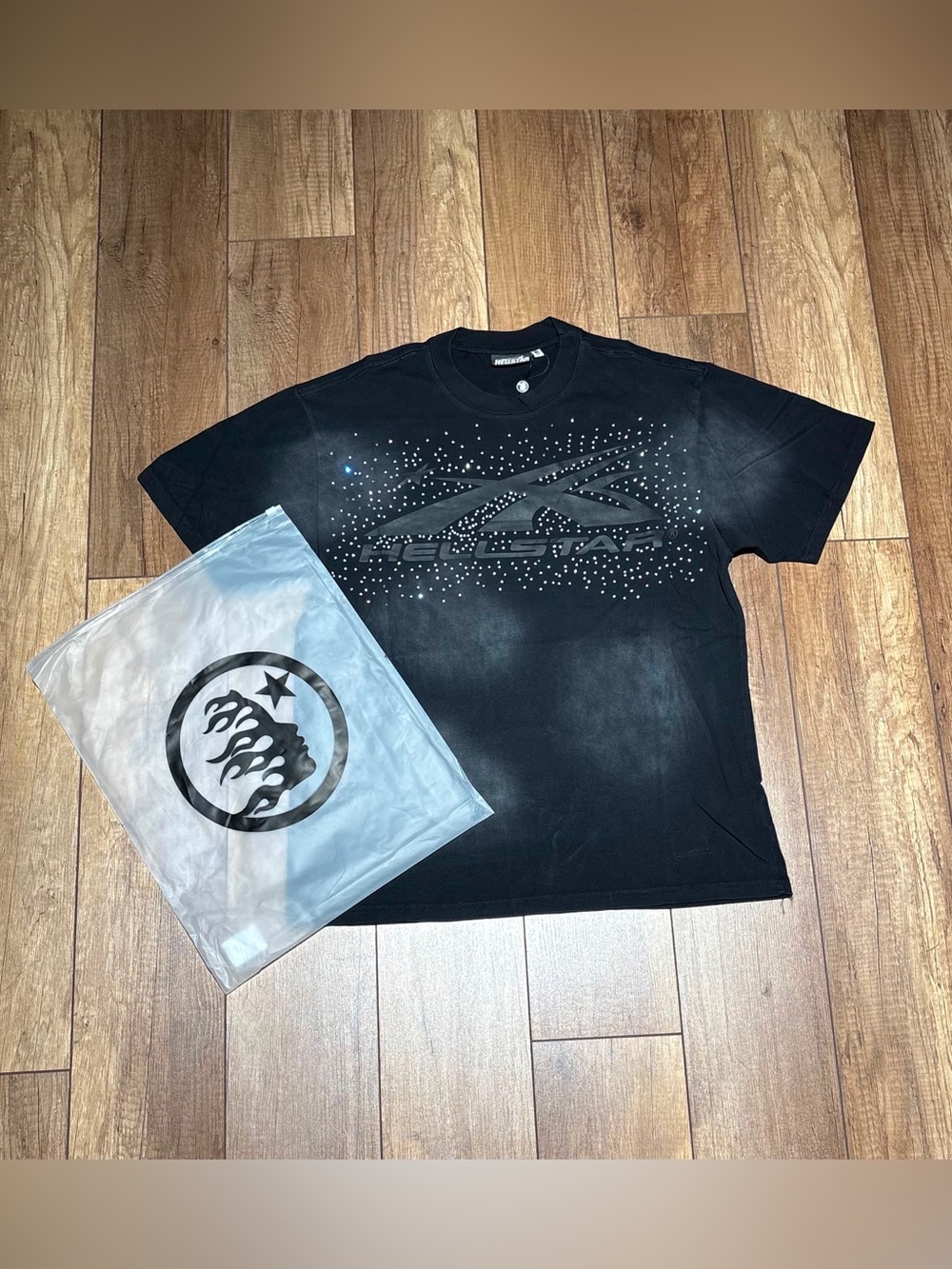 Hellstar Black Spotted Tee Shirt VVS Rhinestone Logo with Flaming Head Size S